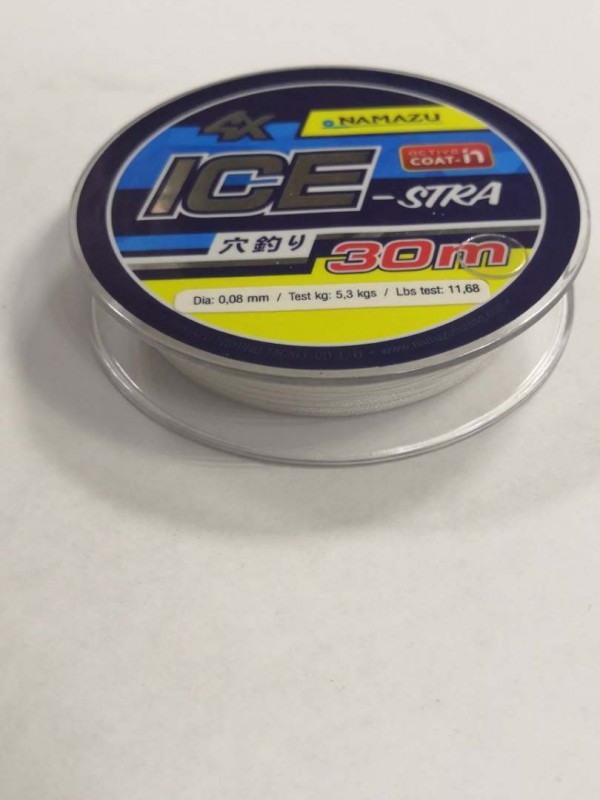Шнур плетеный Namazu "Ice-Stra" 4Х, L-30 м, d-0,08 мм, test-5,3 кг, белый/560/